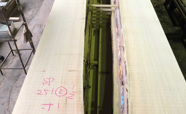 直径1m超えのアラスカ産“スプルース”原木を建具障子、ドア向けに製材しました。